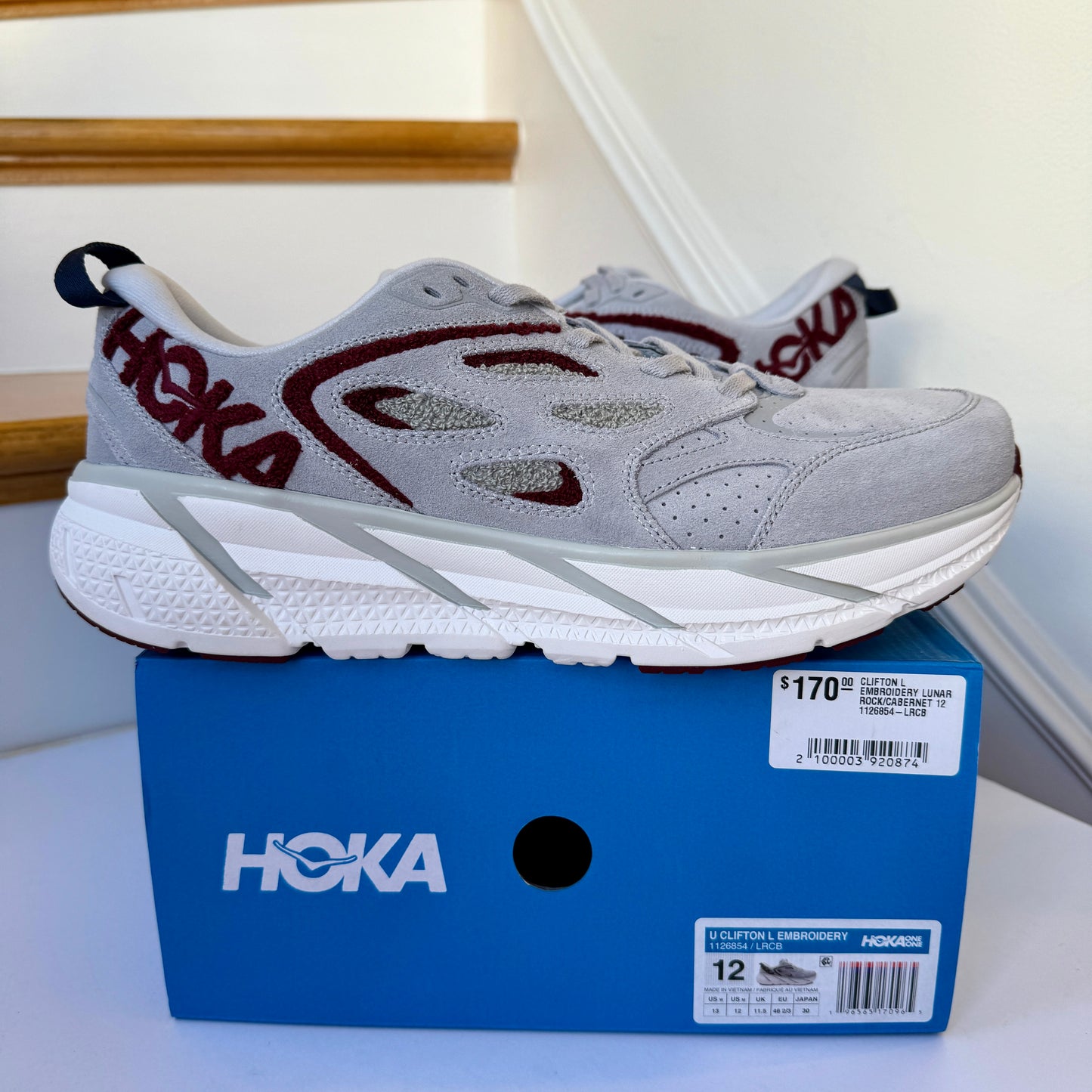 Hoka Clifton Suede Embroidery L Leather Unisex  Grey / Maroon Red Lunar rock Cabernet