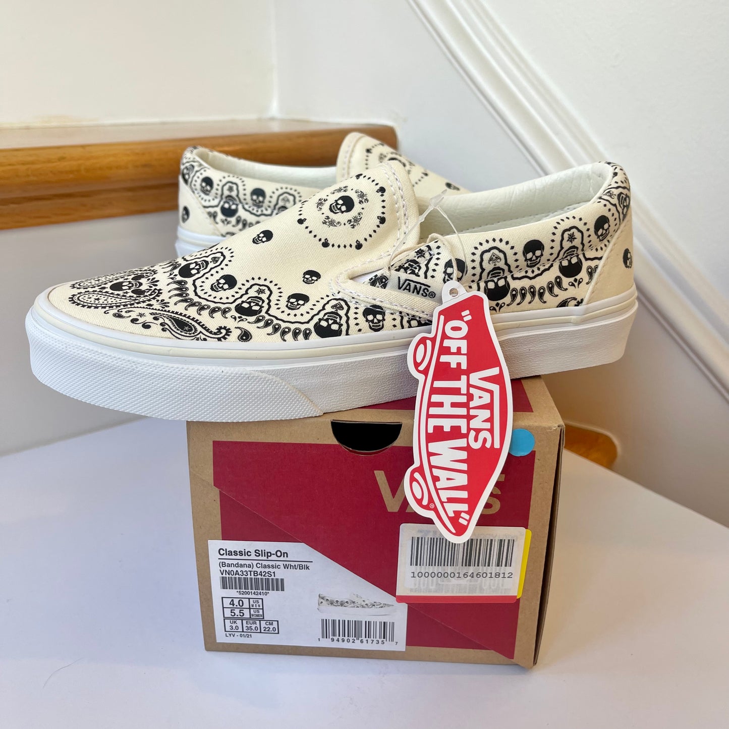 Vans Classic Slip On shoes in black / cream bandana skull skate sneaker