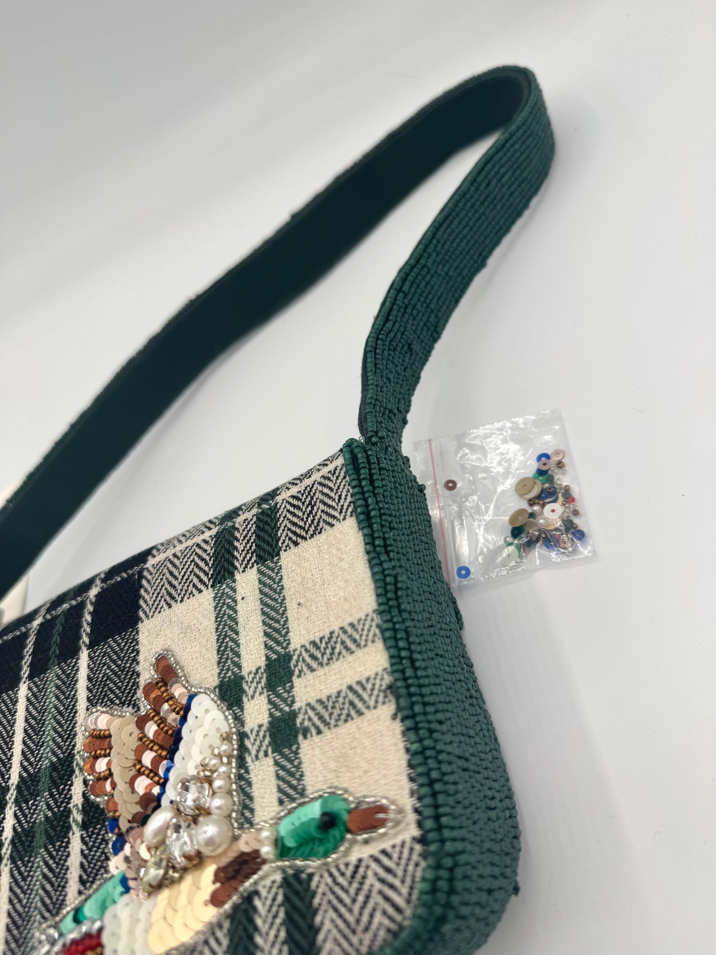 Anthropologie Green Plaid Flannel Fiona Beaded Bag Animal Edition Duck Purse