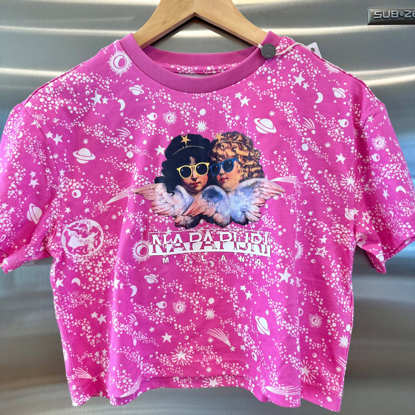 Fiorucci Napapijri Pink Logo Cropped Top Collab Shirt Galaxy Stars Cupids