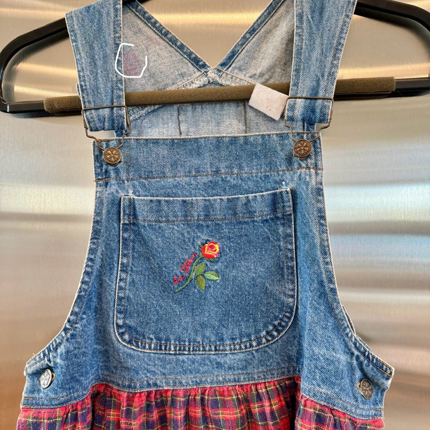 Vintage Denim Flannel Reworked Overall Mini Dress Embroidery Floral Buttons Pre-Owned