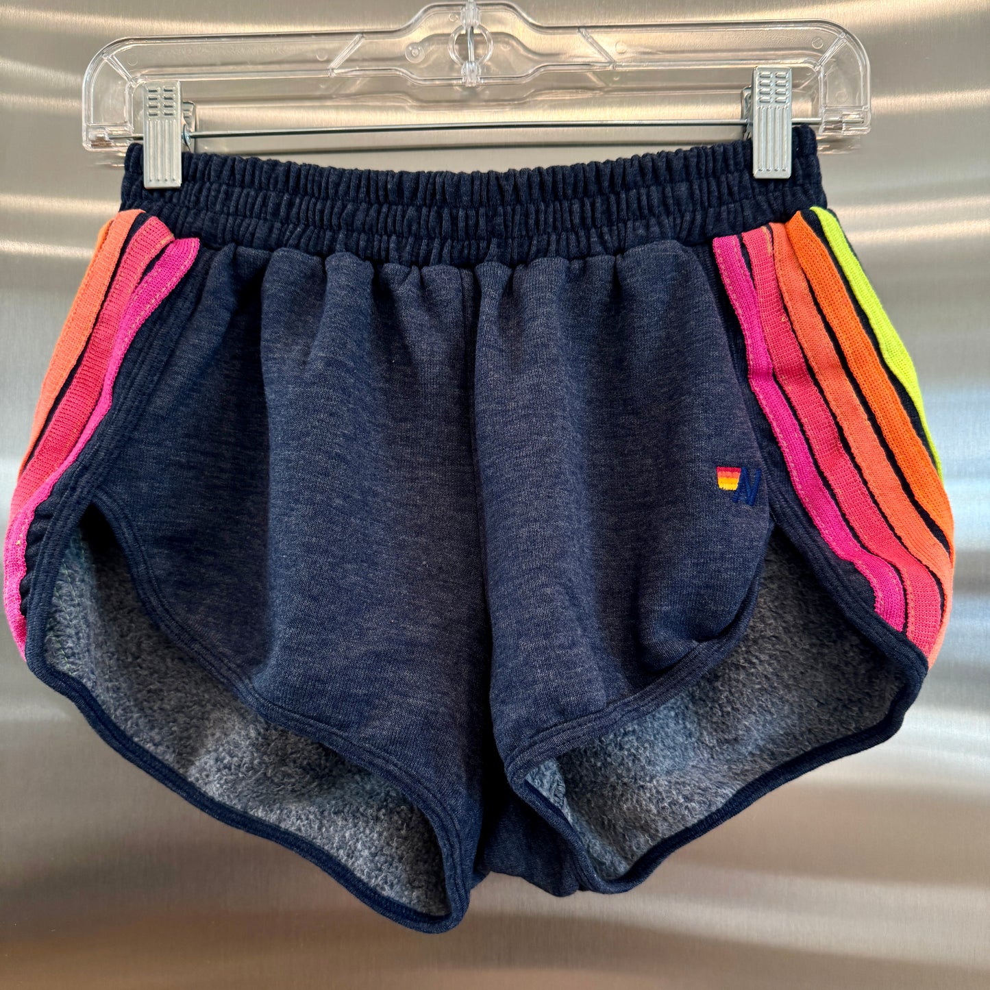 Aviator Nation 5 Stripe Jogger Shorts in Navy Blue / Neon Pink Orange Multi