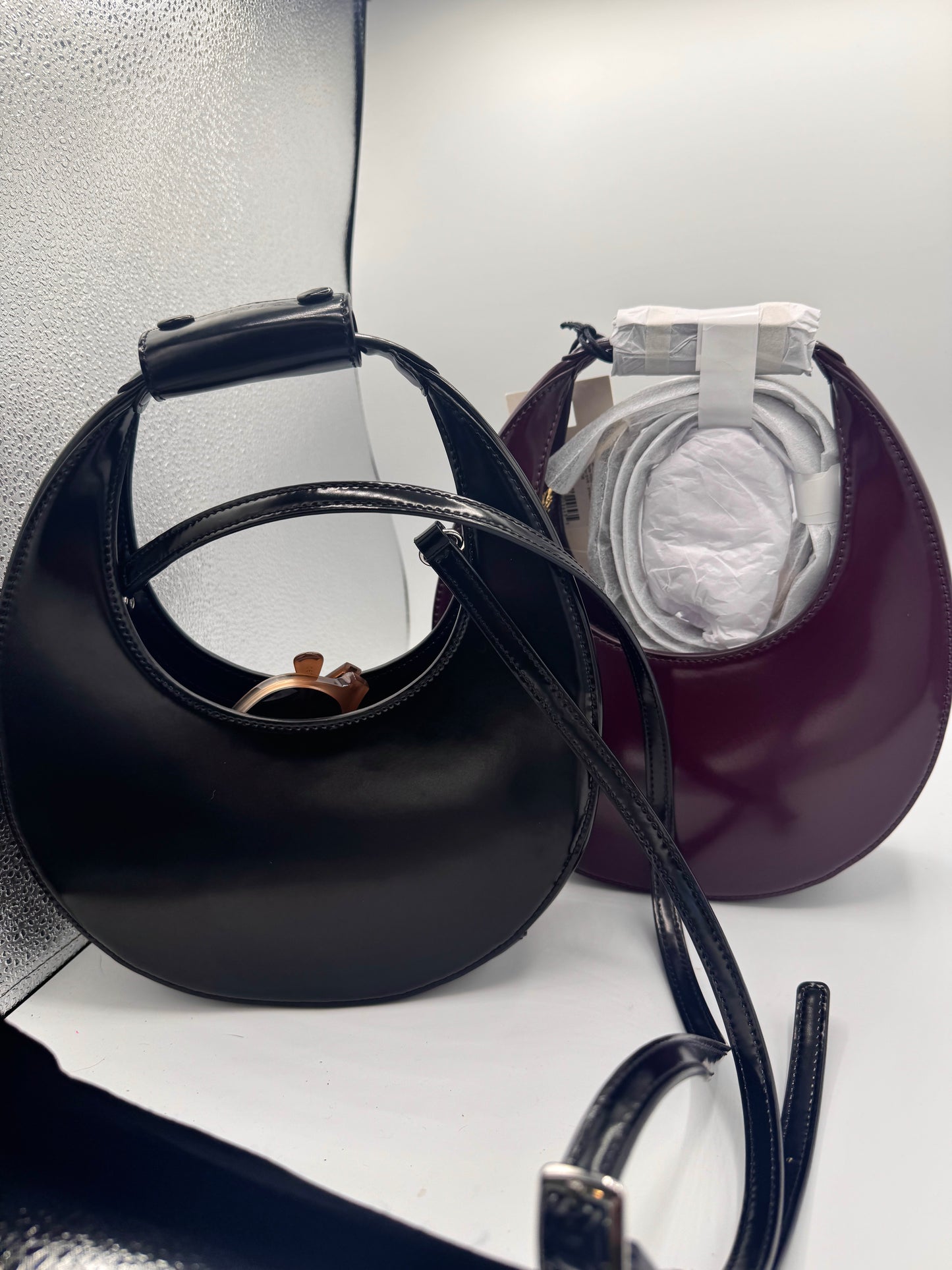 Staud Mini Moon Purse in Syrah Burgundy Leather, Crossbody Bag
