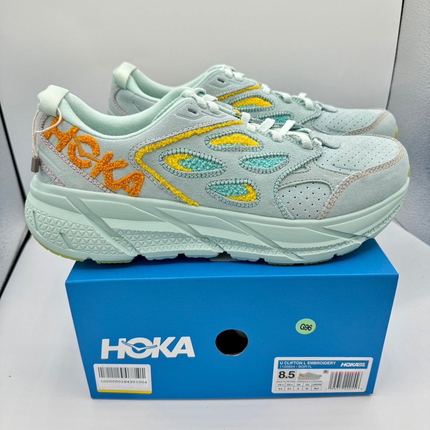 Hoka Clifton L Embroidery UNISEX Shoes Leather blue glass yellow aqua