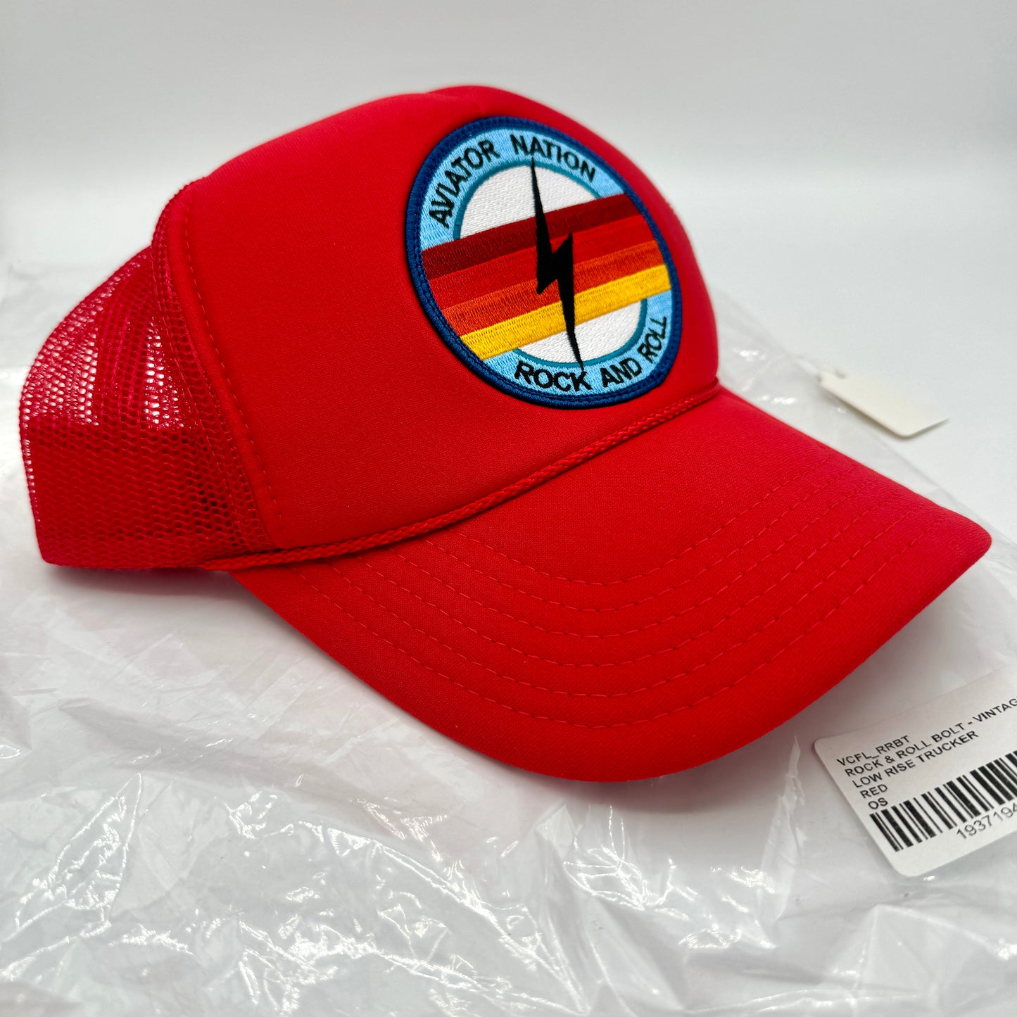 Aviator Nation Bolt Trucker Hat in Red with Rock and roll logo patch