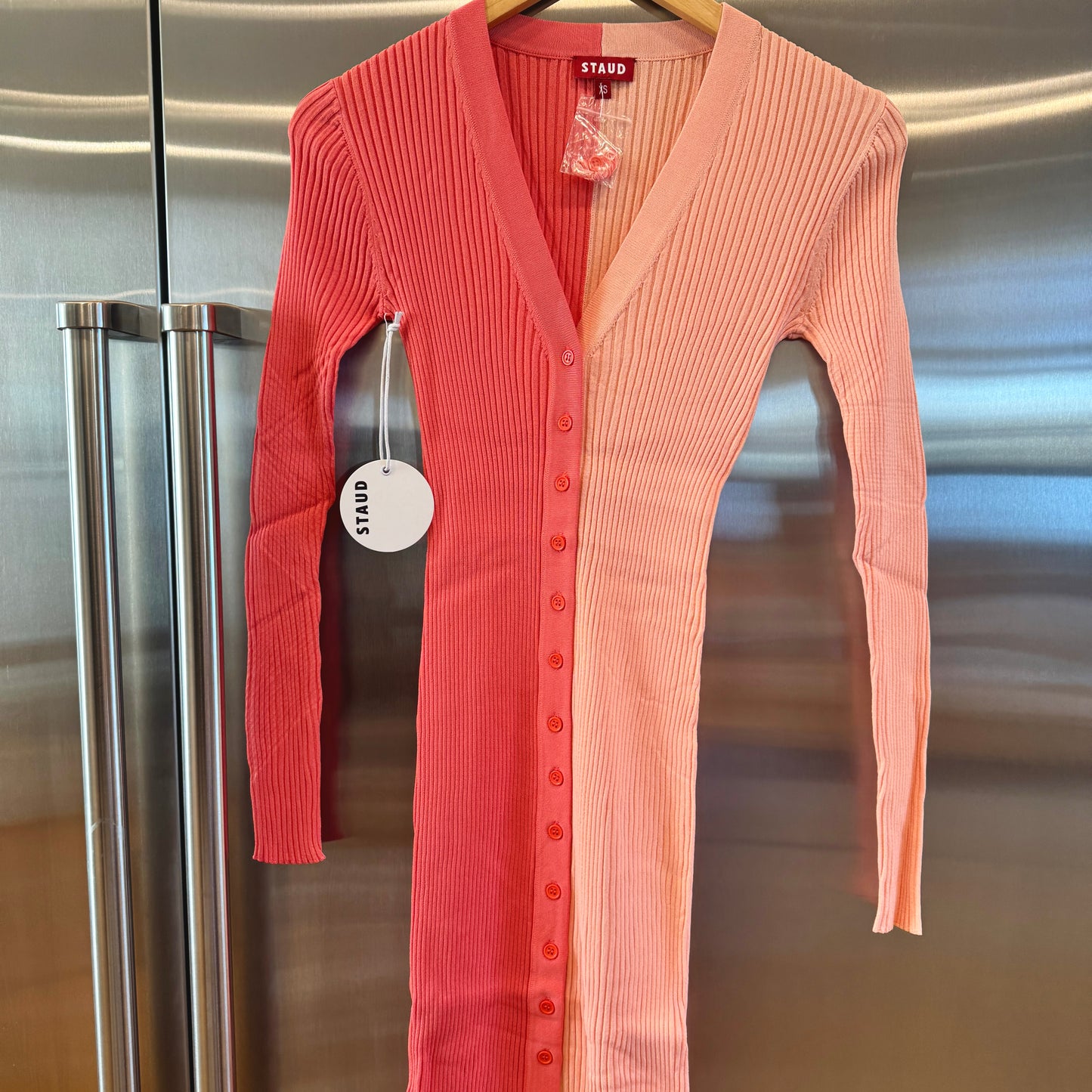 Staud Shoko Sweater Dress in Bittersweet Peach Light Pink Blush Button Down