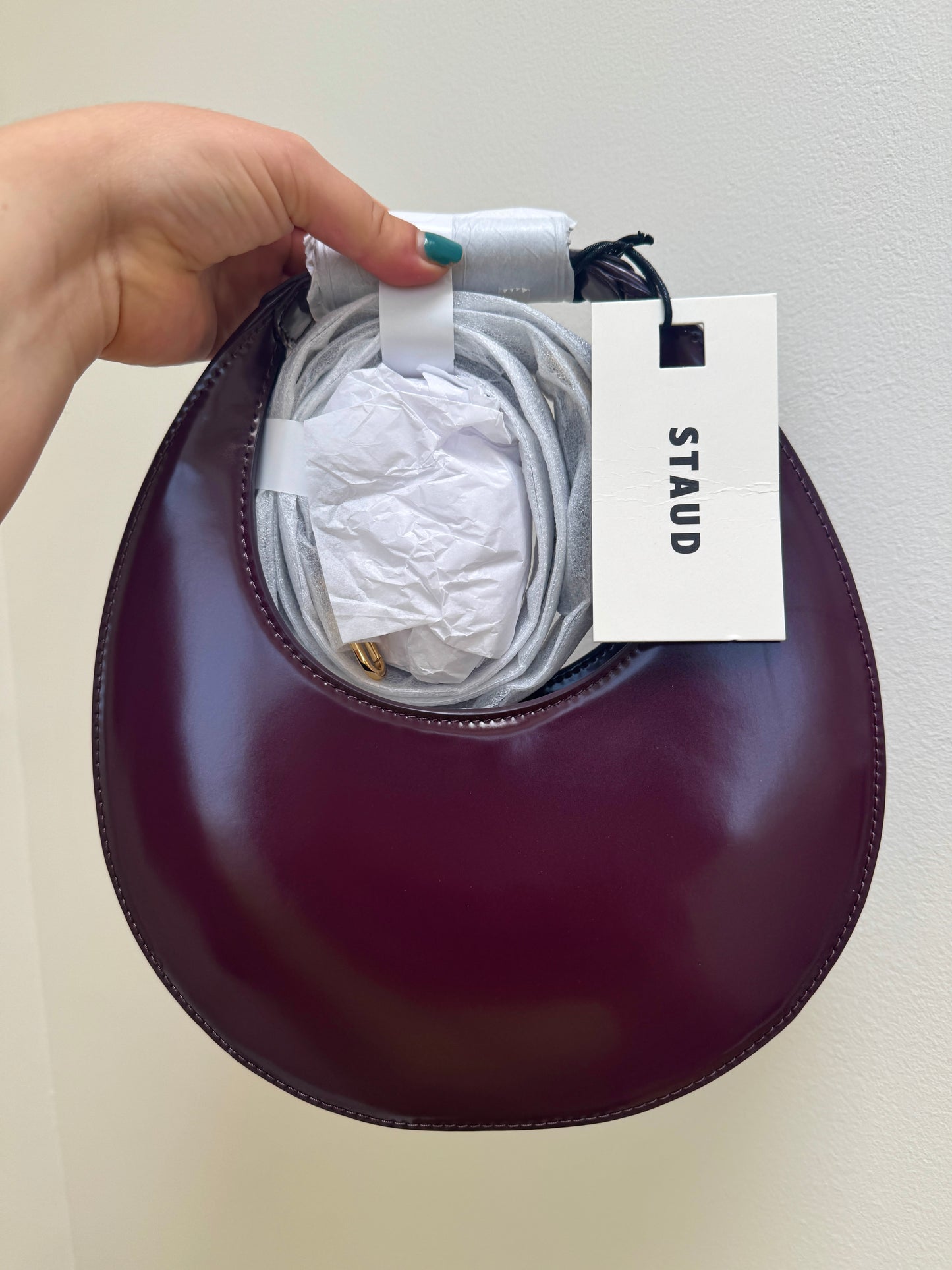 Staud Mini Moon Purse in Syrah Burgundy Leather, Crossbody Bag