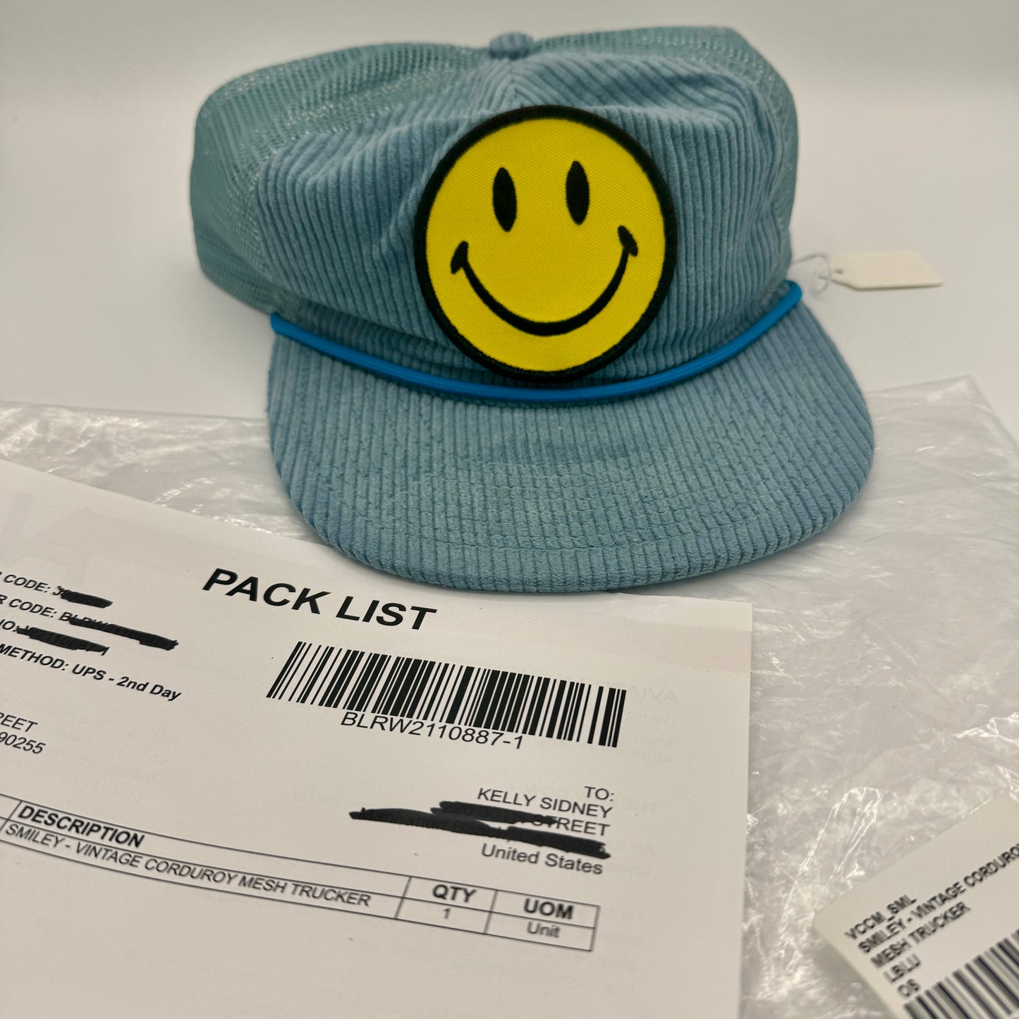 Aviator Nation Corduroy Trucker Hat Smiley Patch Embroidery Smile Light Blue