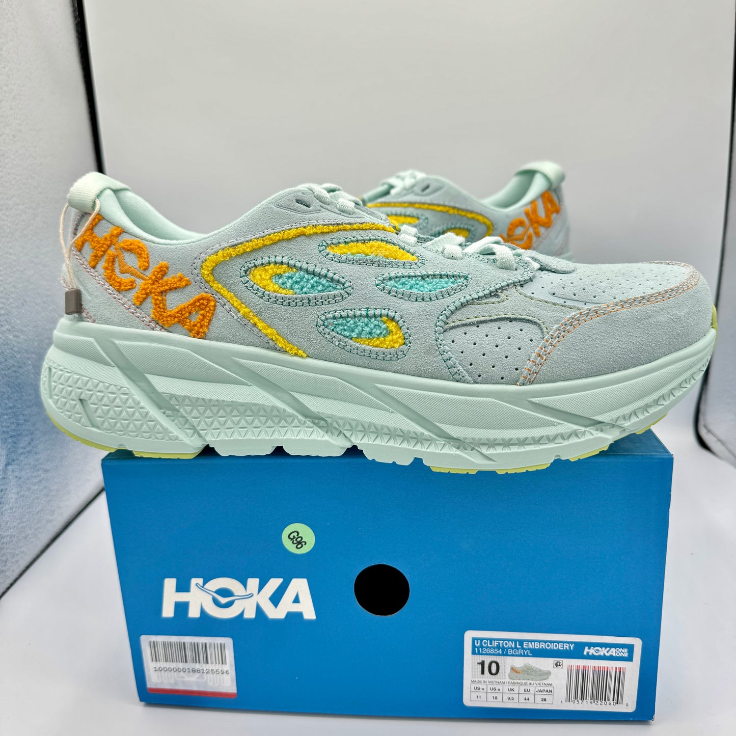 Hoka Clifton L Embroidery UNISEX Shoes Leather blue glass yellow aqua