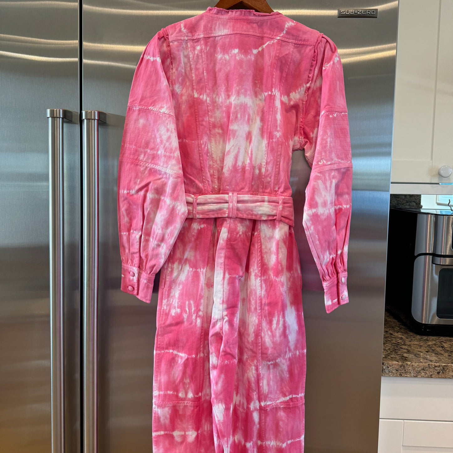 LoveShackFancy Paca Jumpsuit in Hibiscus Hand Dyed Pink white Tie-dye