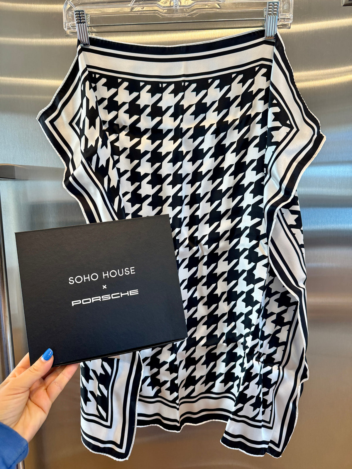 Porsche x Soho House Satin Pepita Black / White Houndstooth Heritage Pasha Scarf Bandana