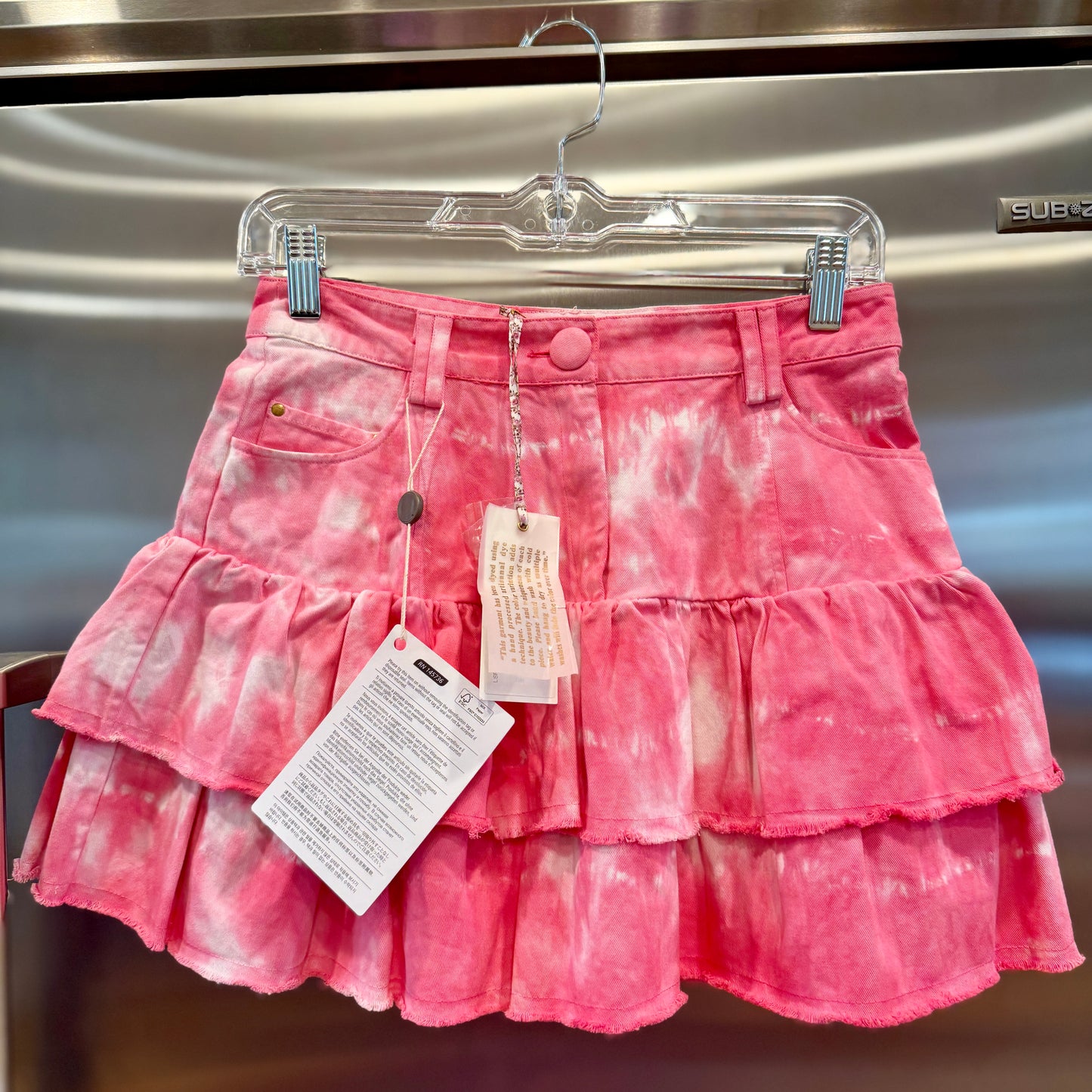 LoveShackFancy Landen Mini Skirt Hibiscus Pink Hand Dye Tiered Ruffle
