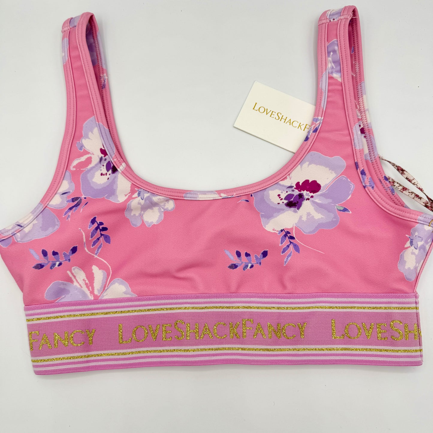 LoveShackFancy Ornice Sports Athletic Bra Light Pink Floral Gold Logo Flower