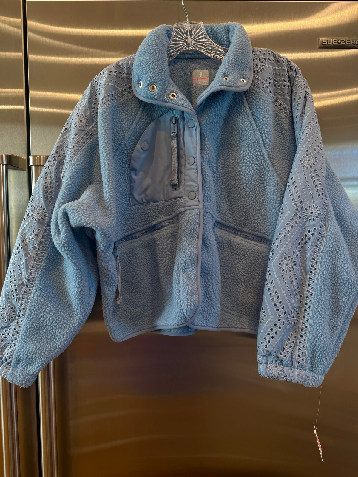 Free People Hit The Slopes Eyelet Fleece Jacket - Denim Rinse Blue