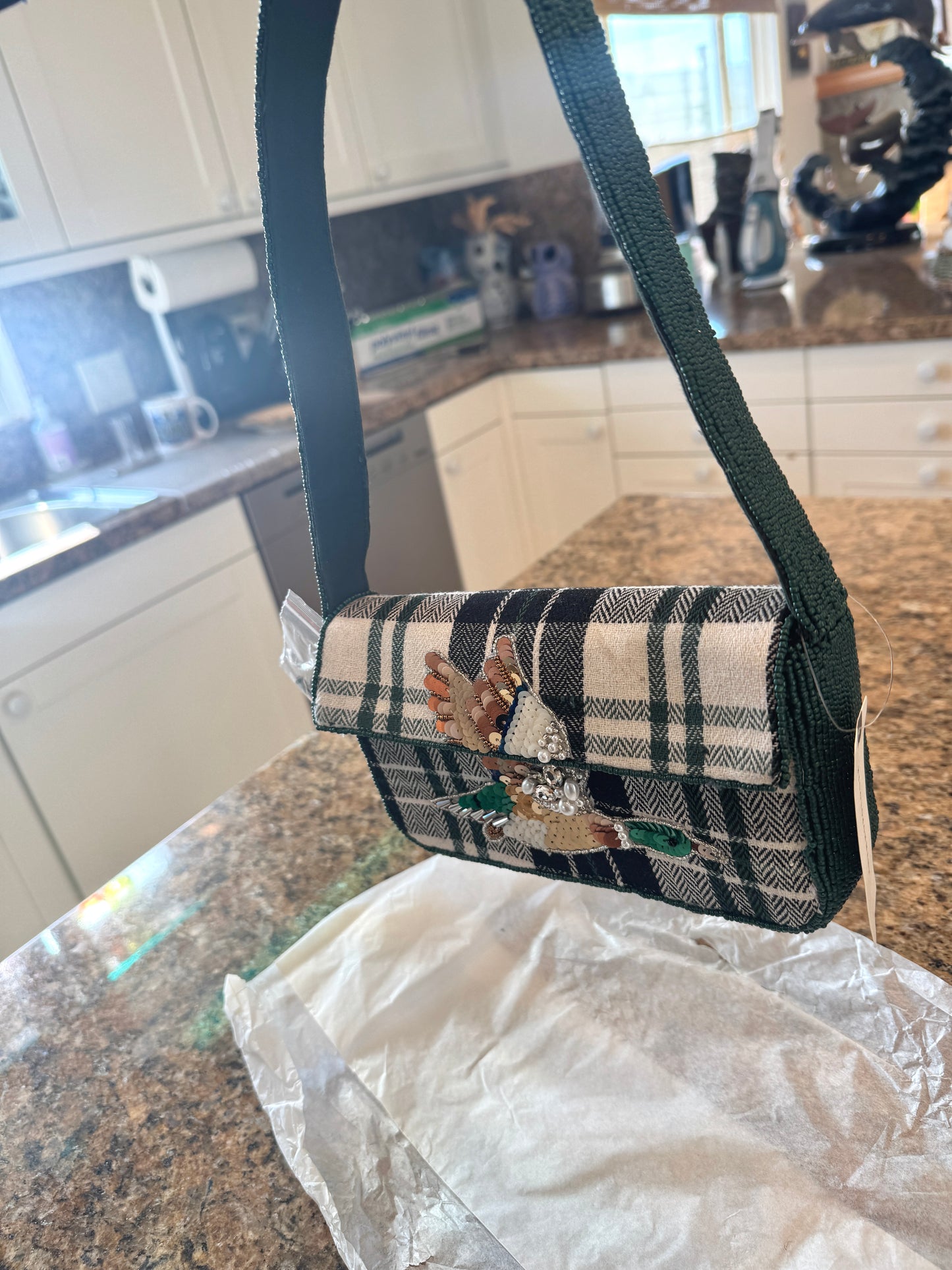 Anthropologie Green Plaid Flannel Fiona Beaded Bag Animal Edition Duck Purse