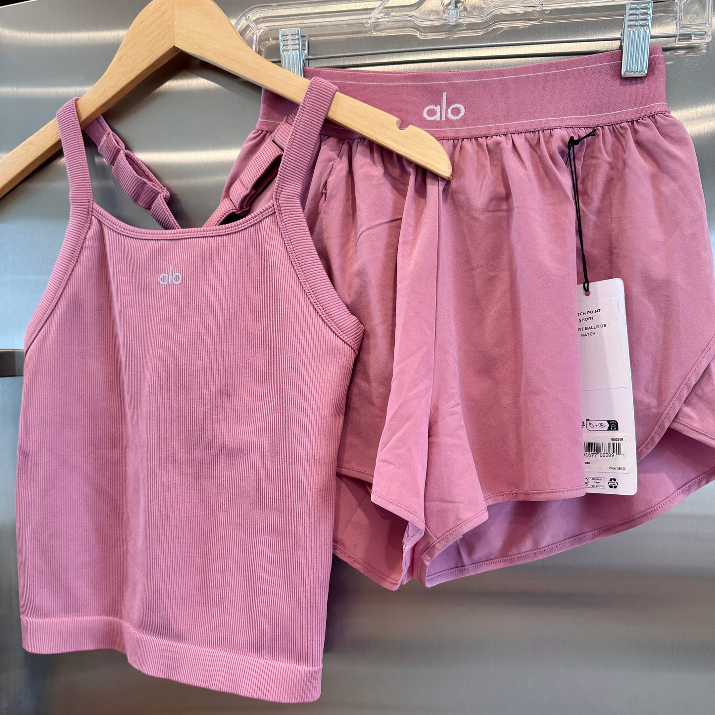 Alo Matching Set- Match Point Shorts and Seamless Ribbed Favorite Full Length Bra Tank Top in Pink Wild Rose
