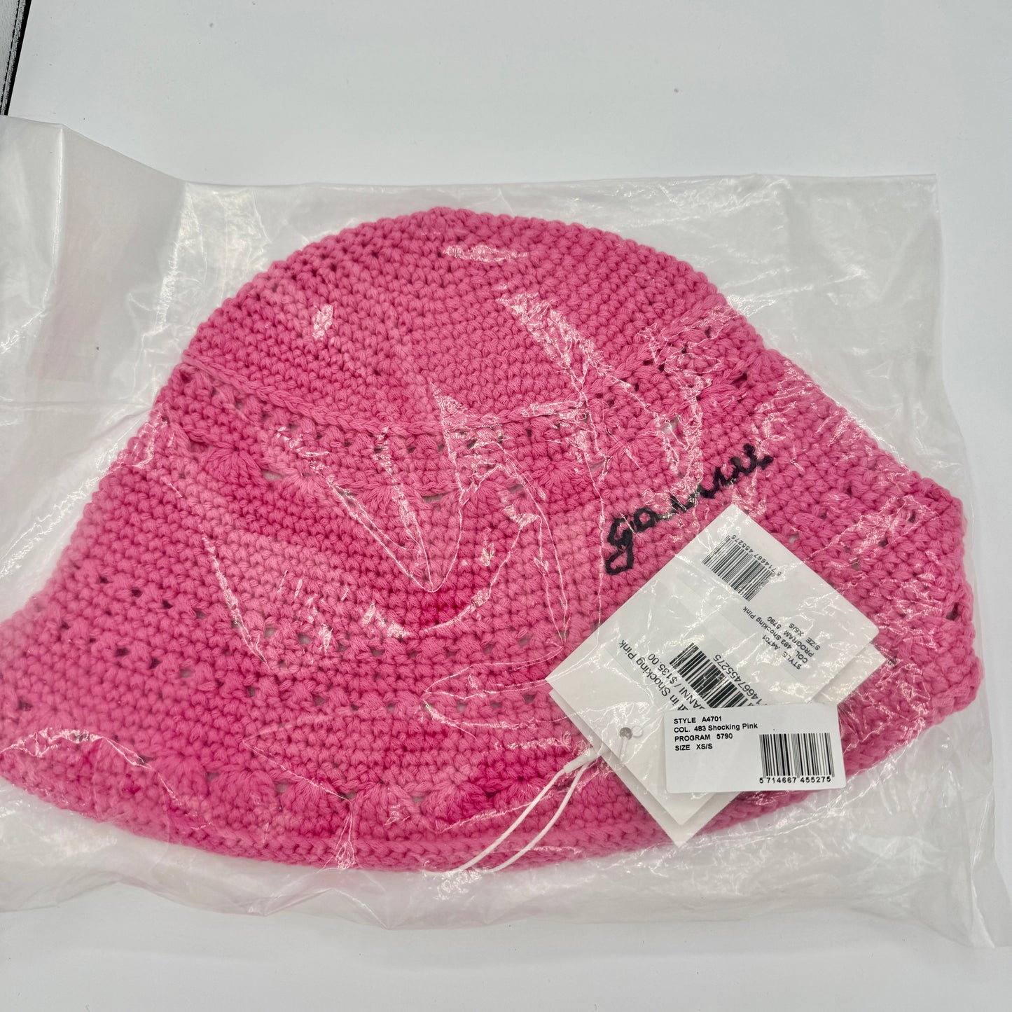 Ganni Crochet Knit Bucket Hat Shocking Pink Logo
