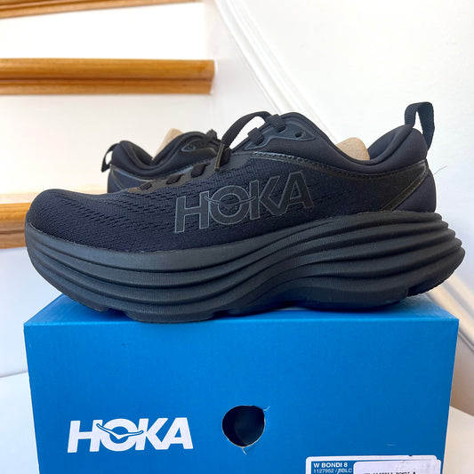 Hoka Bondi 8 Running Shoes in all black women’s / men’s BBLC running athletic shoe