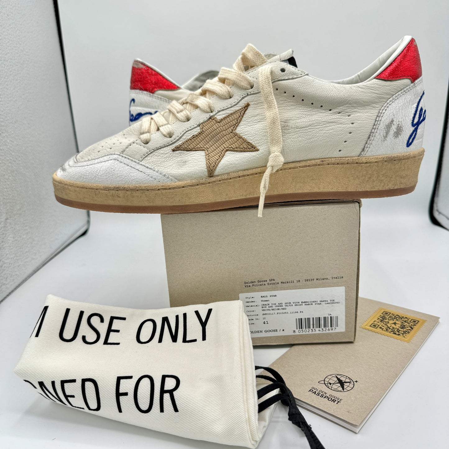 Golden Goose Ballstar Women’s sneakers white red beige leather distressed