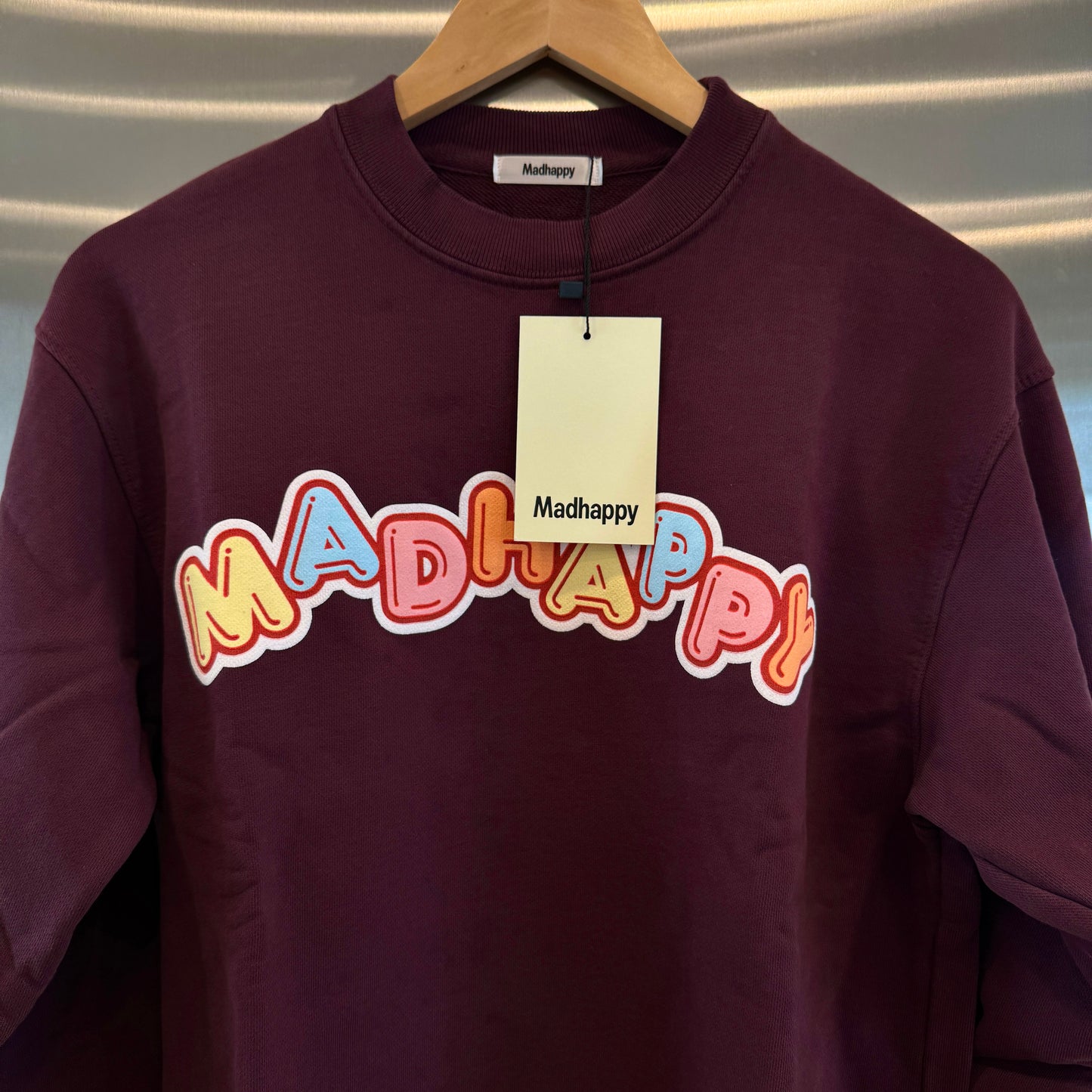 MadHappy Crush Universal Crewneck in Maroon Dark Red Candy Block Letters