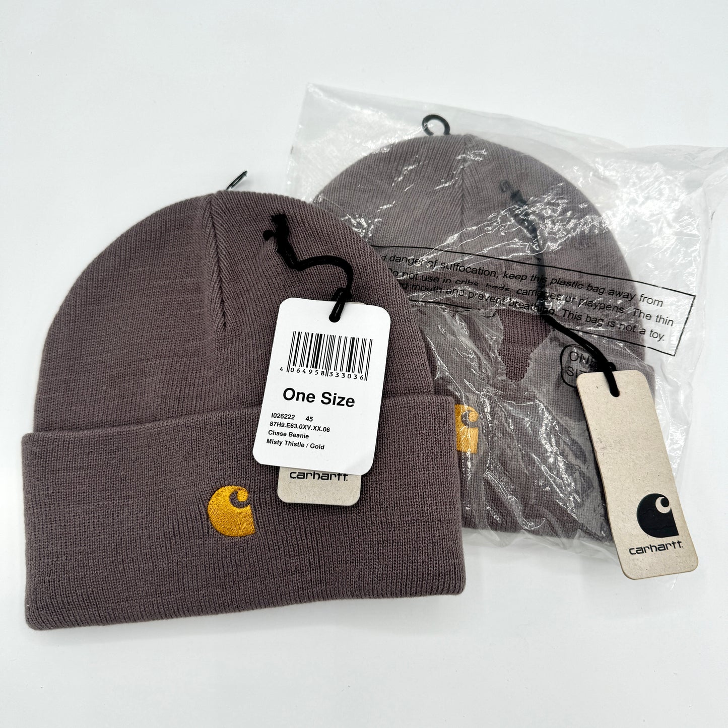 Carhartt BUNDLE of 2x Chase Beanie Misty Thistle Gold Logo Embroidery Hats