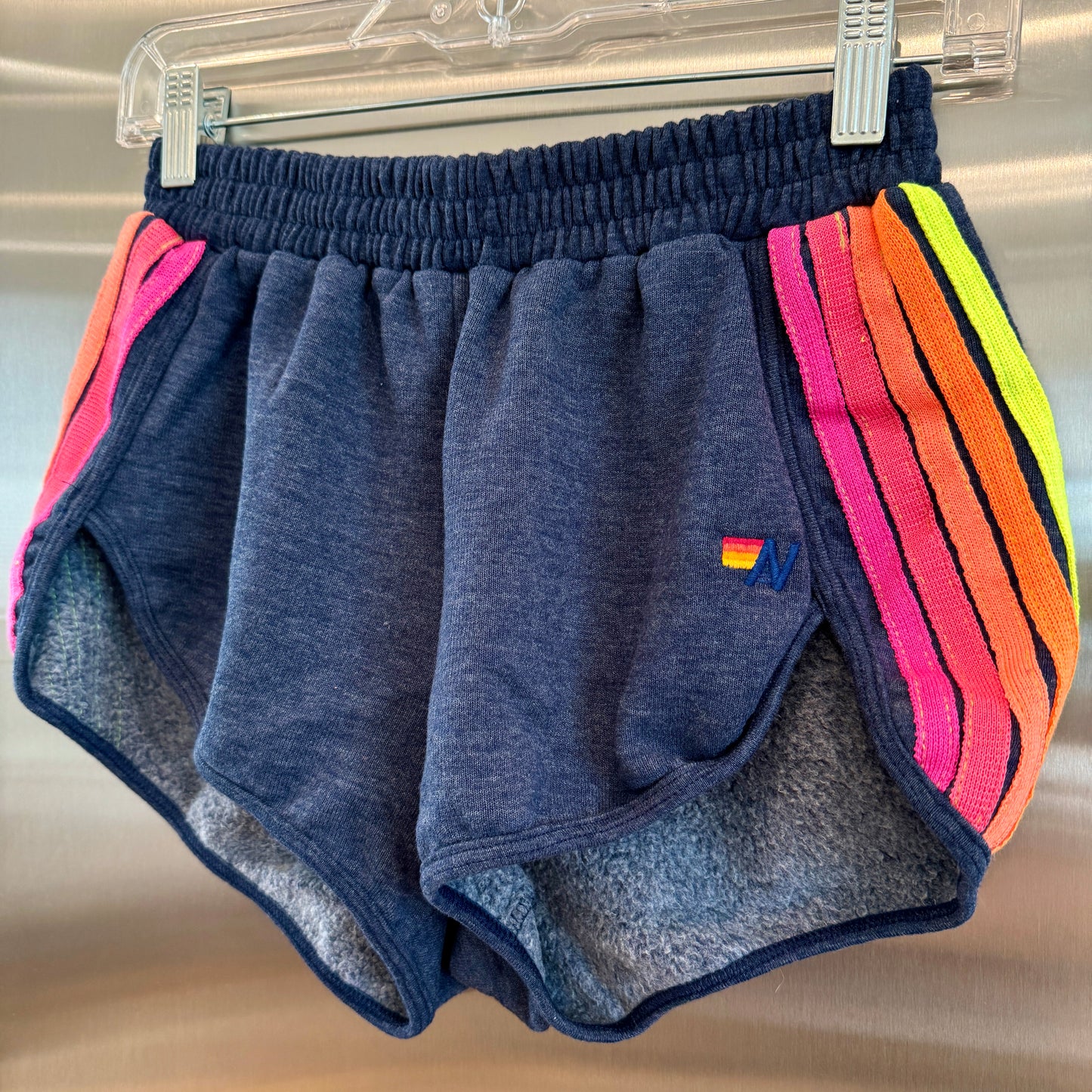 Aviator Nation 5 Stripe Jogger Shorts in Navy Blue / Neon Pink Orange Multi