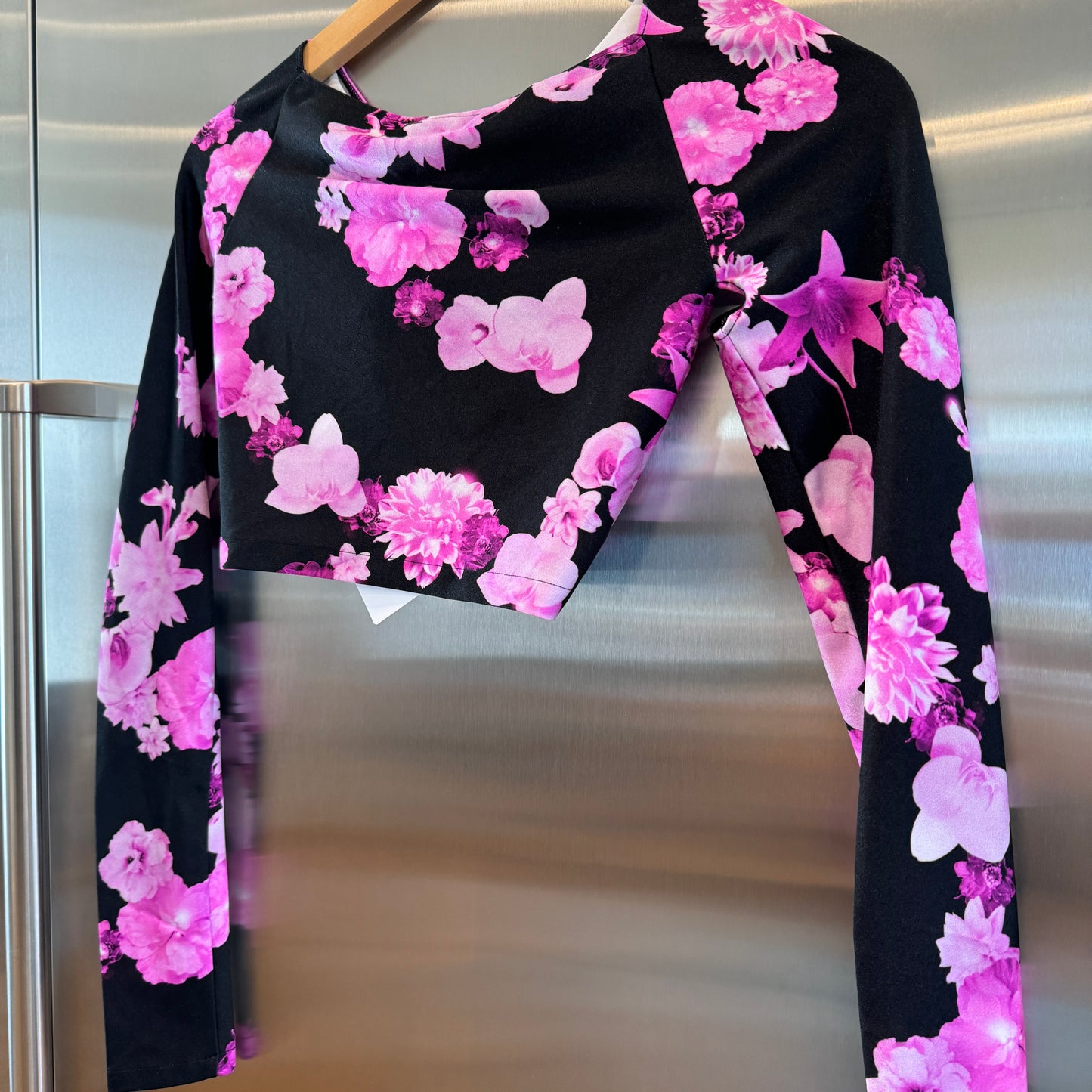 Coperni Twist Cutout Cropped Draped Top Long Sleeve Crop in Black / Pink Flowers