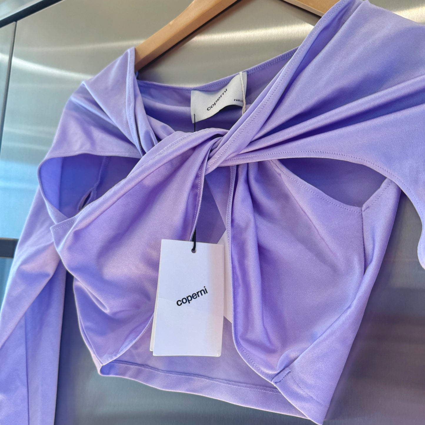 Coperni Lilac Light Purple Twist Cutout Cropped Draped Top Long Sleeve Crop