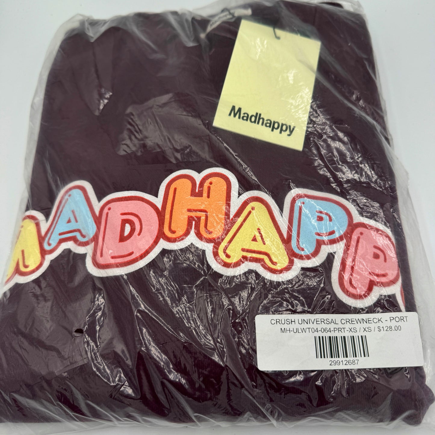 MadHappy Crush Universal Crewneck in Maroon Dark Red Candy Block Letters