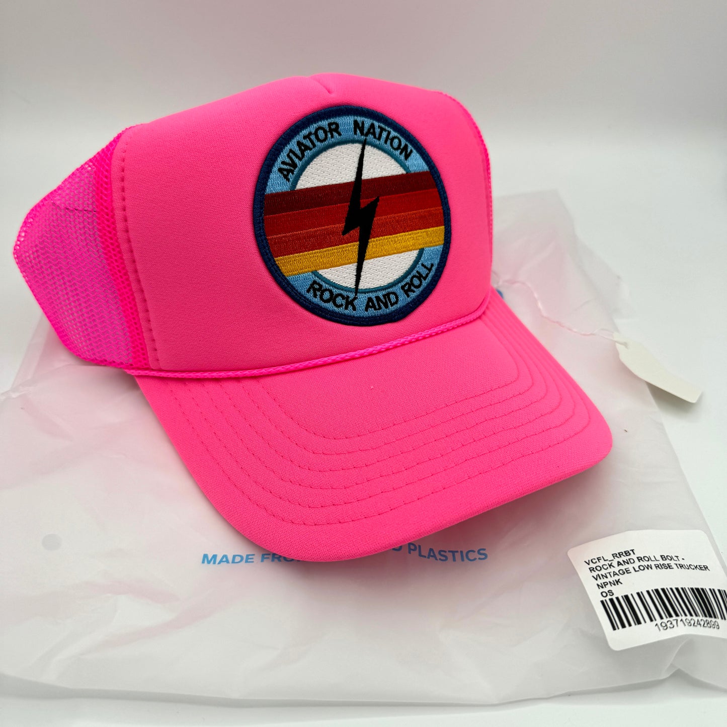 Aviator Nation Trucker Hat Classic , Rock and Roll Bolt Patch Logo Neon Pink