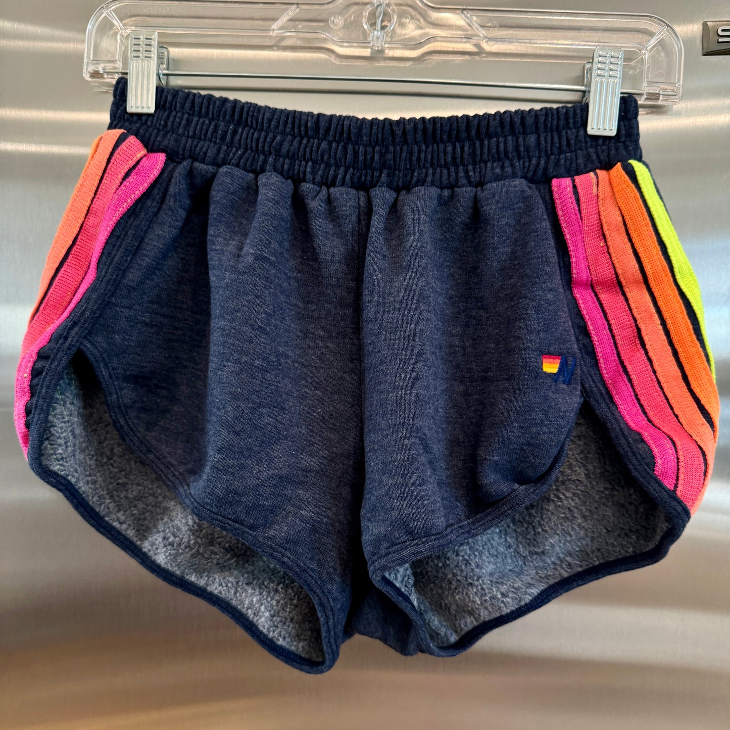 Aviator Nation 5 Stripe Jogger Shorts in Navy Blue / Neon Pink Orange Multi