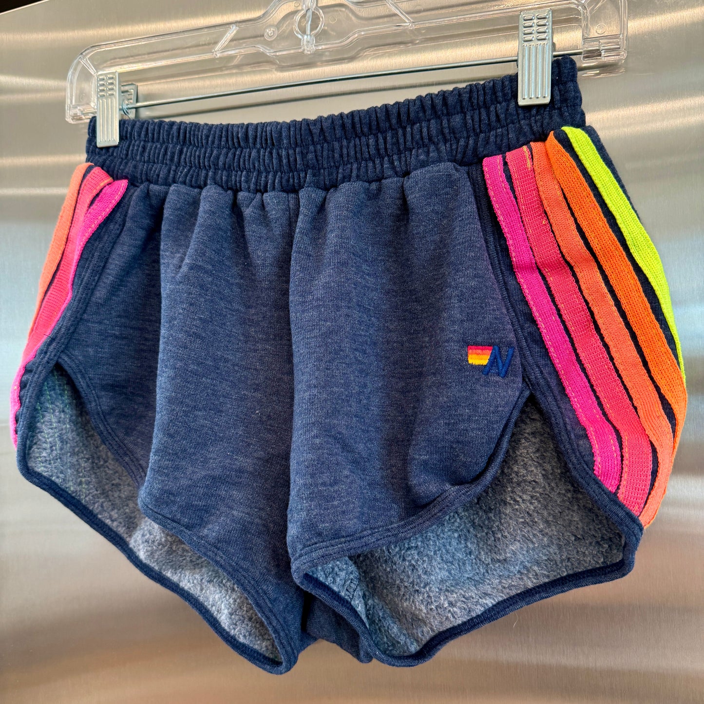 Aviator Nation 5 Stripe Jogger Shorts in Navy Blue / Neon Pink Orange Multi