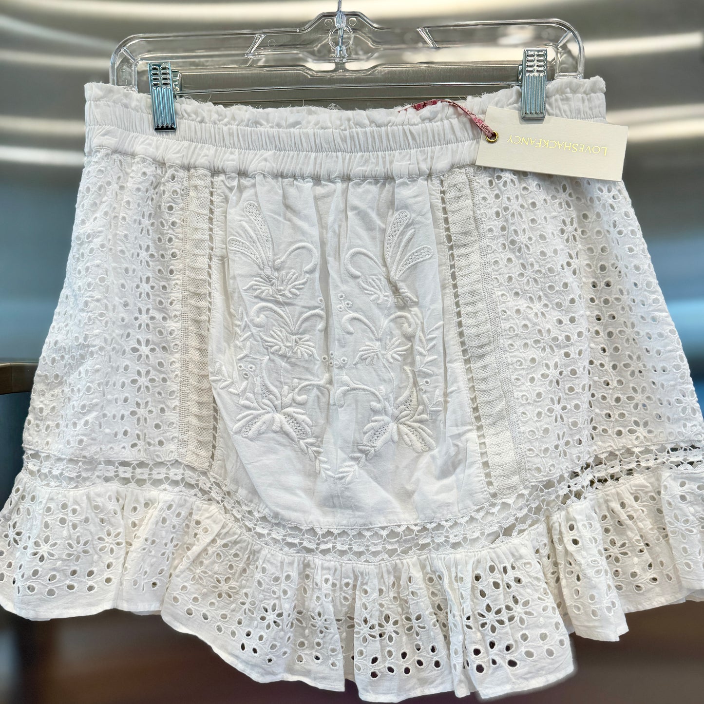 LoveShackFancy Baydar antique White lace eyelet mini skirt brand new