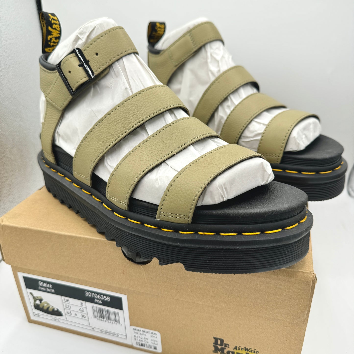 Dr. Martens Blaire Hydro Leather Platform Strappy Sandals in Pisa Pale Olive