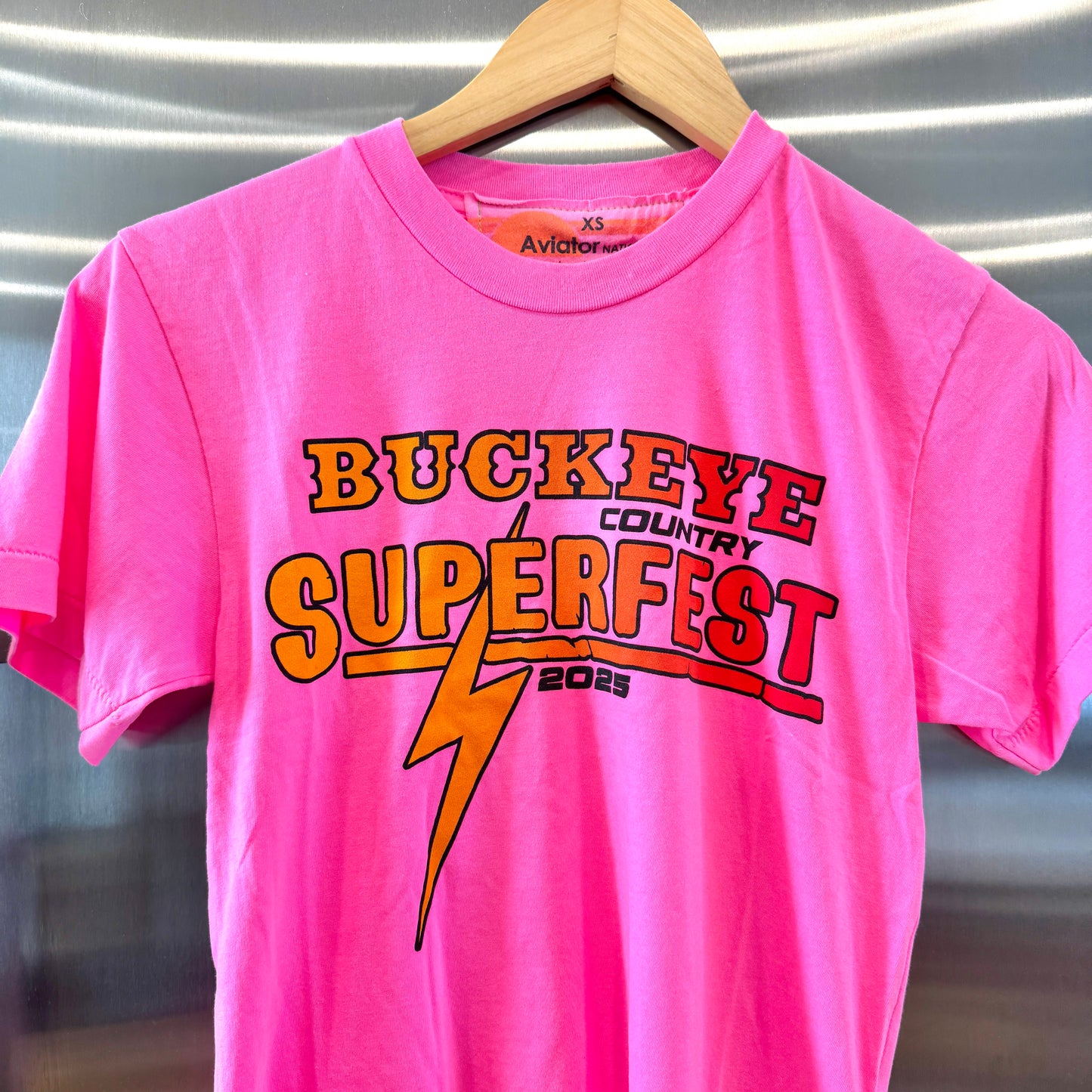 Aviator Nation Buckeye Fest 2025 Boyfriend Cropped Tee Shirt - Neon Pink