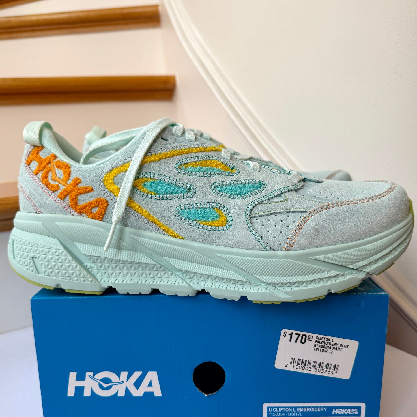 Hoka One One Clifton L Embroidery UNISEX Shoes Leather blue glass yellow