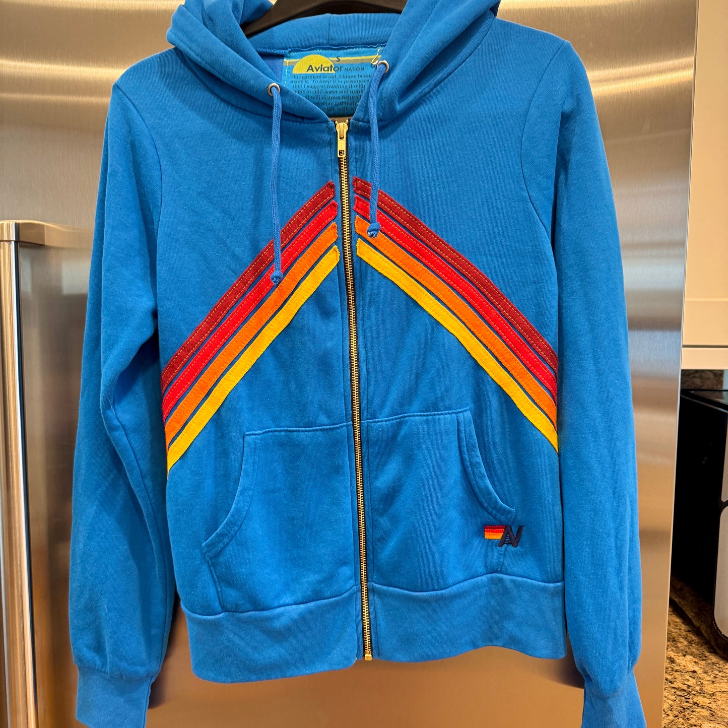 Aviator Nation Mountain Stitch Chevron 4 Stripe Hoodie Jacket Ocean Blue