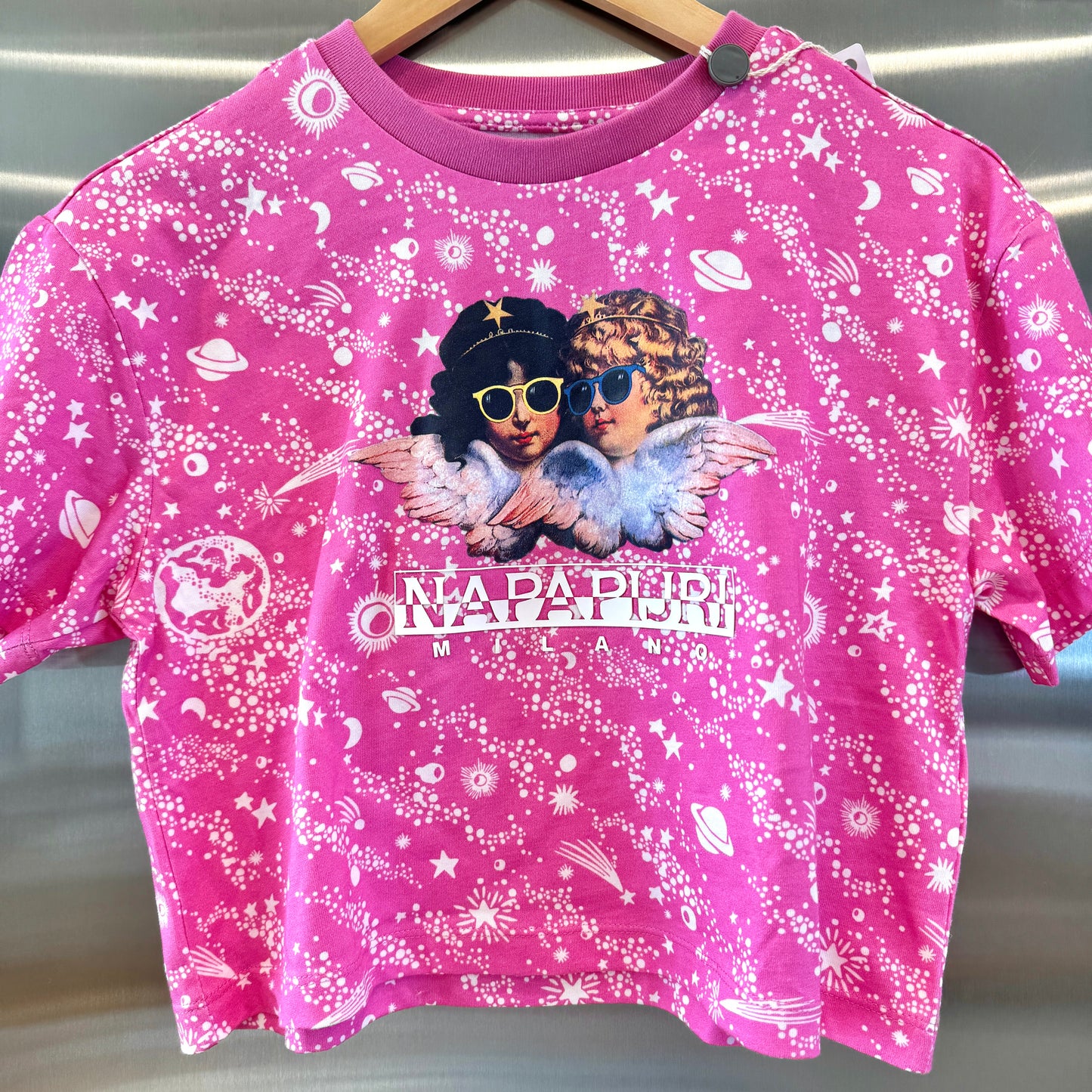 Fiorucci Napapijri Pink Logo Cropped Top Collab Shirt Galaxy Stars Cupids