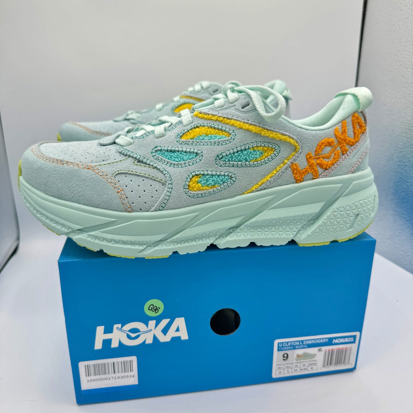 Hoka Clifton L Embroidery UNISEX Shoes Leather blue glass yellow aqua