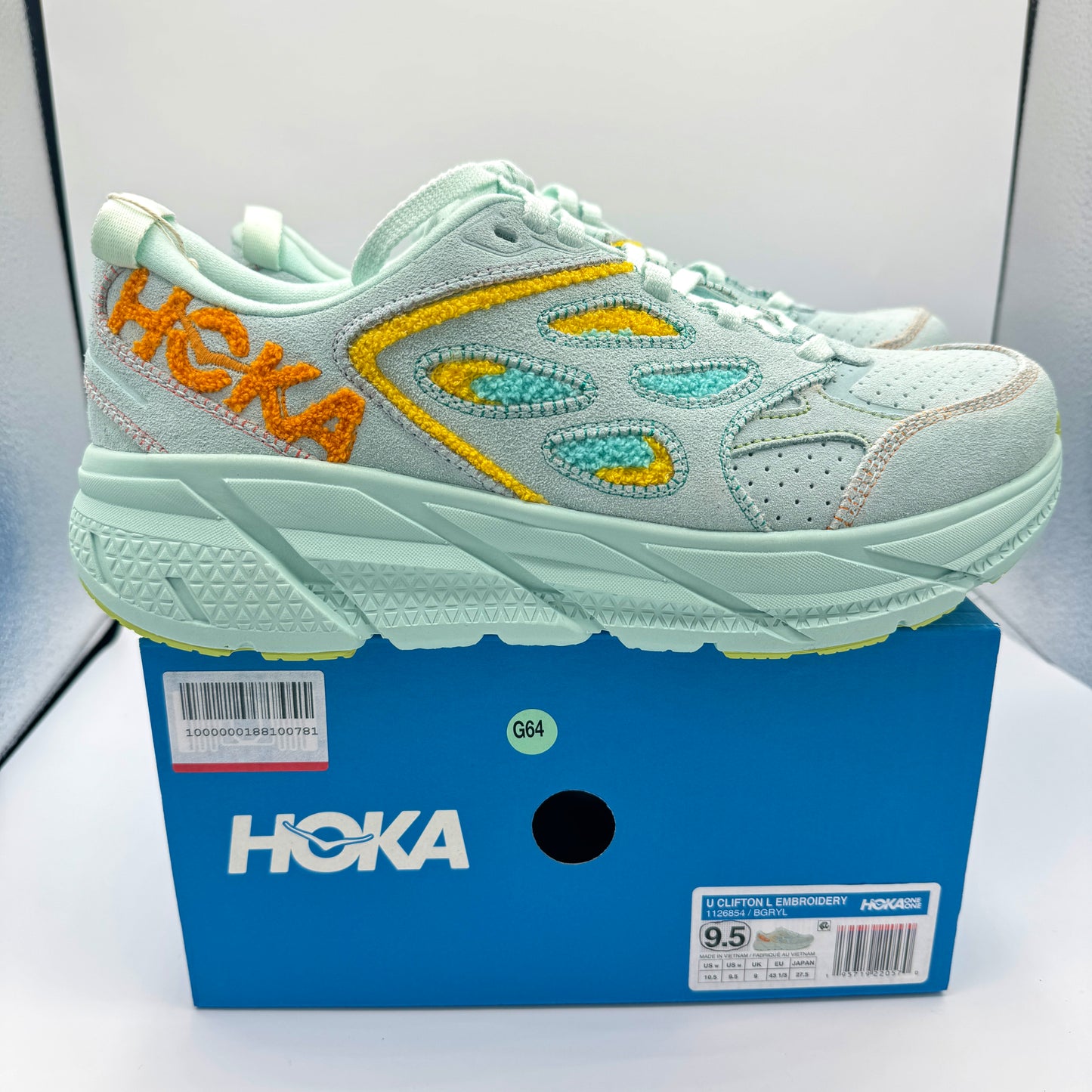 Hoka Clifton L Embroidery UNISEX Shoes Leather blue glass yellow aqua