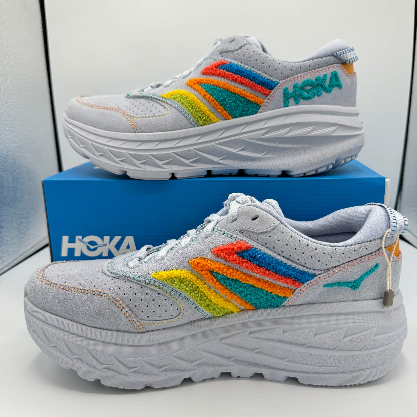 Hoka Bondi Leather Embroidery Sneakers Unisex Arctic Ice Grey Shoes