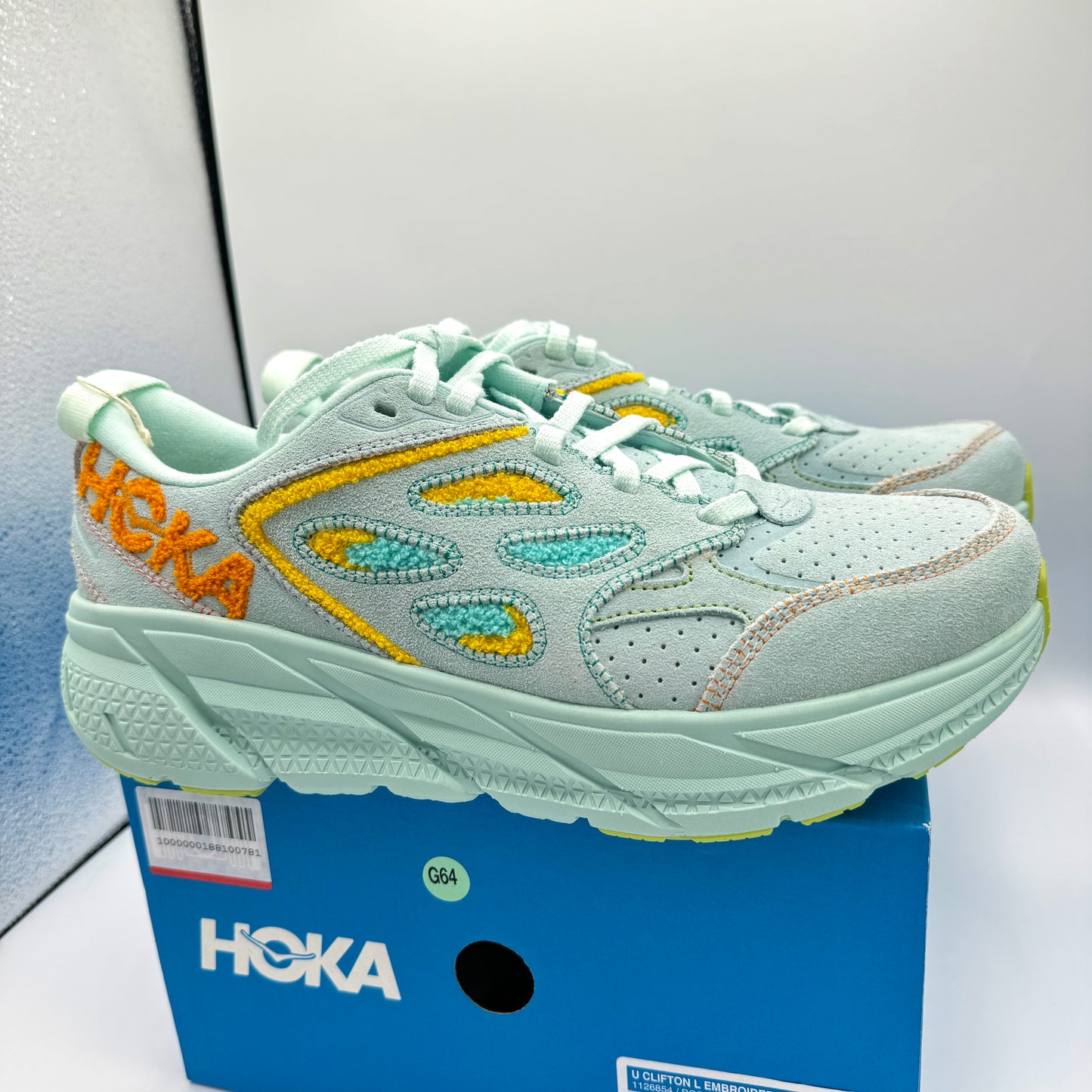 Hoka Clifton L Embroidery UNISEX Shoes Leather blue glass yellow aqua