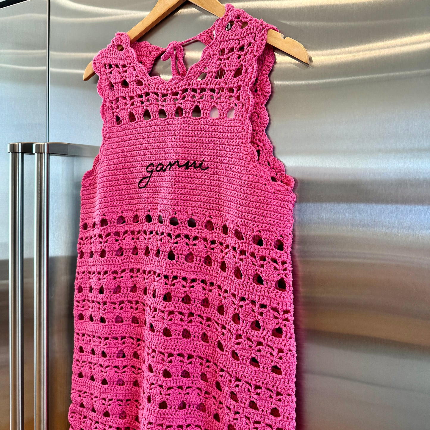 Ganni Pink Crochet Knit Coverup Mini Dress in Shocking Pink Embroidered Logo