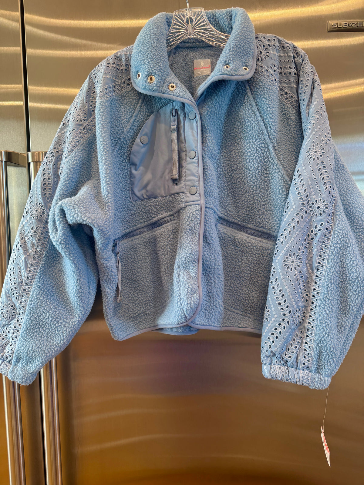 Free People Hit The Slopes Eyelet Fleece Jacket - Denim Rinse Blue