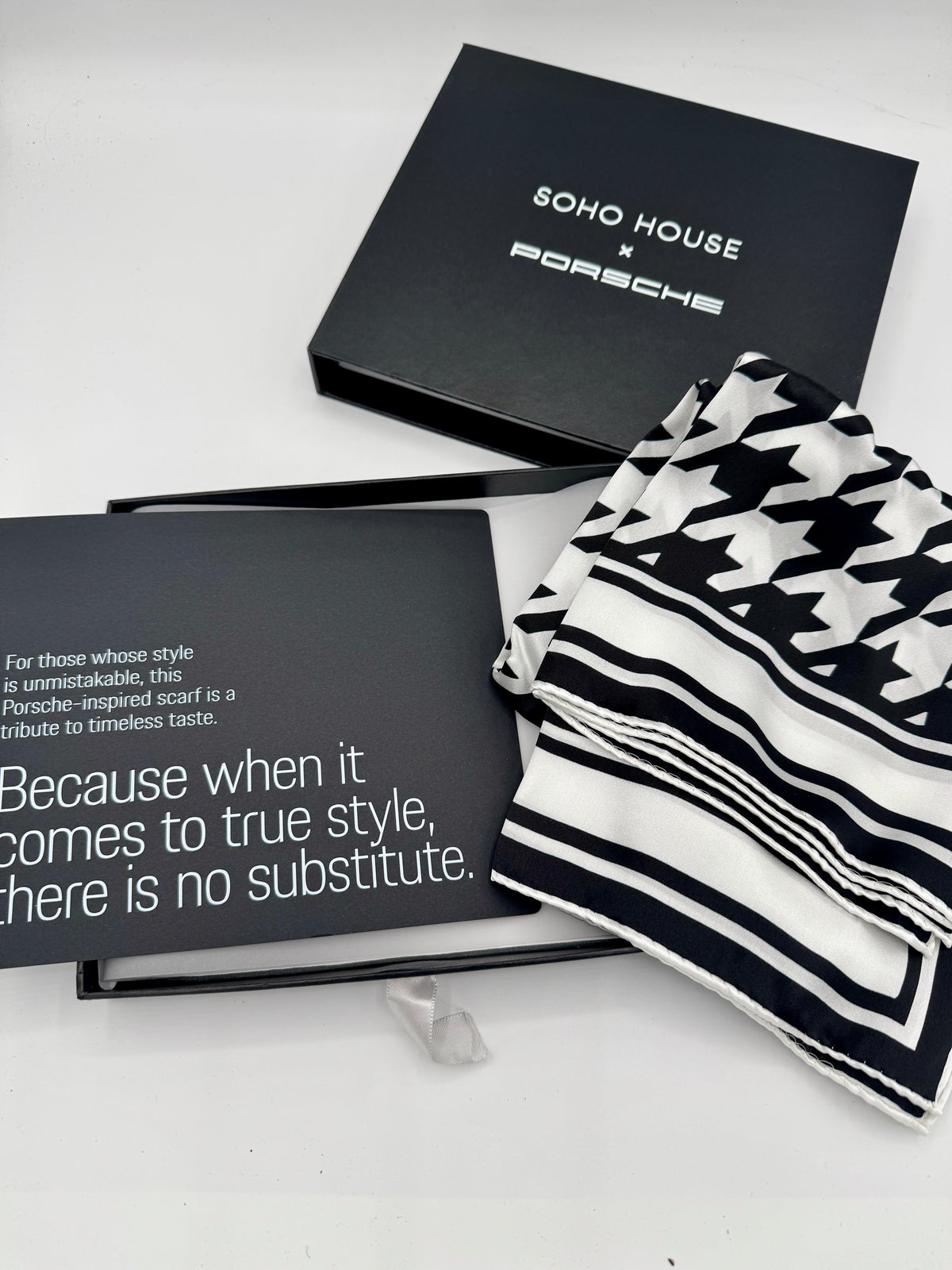 Porsche x Soho House Satin Pepita Black / White Houndstooth Heritage Pasha Scarf Bandana