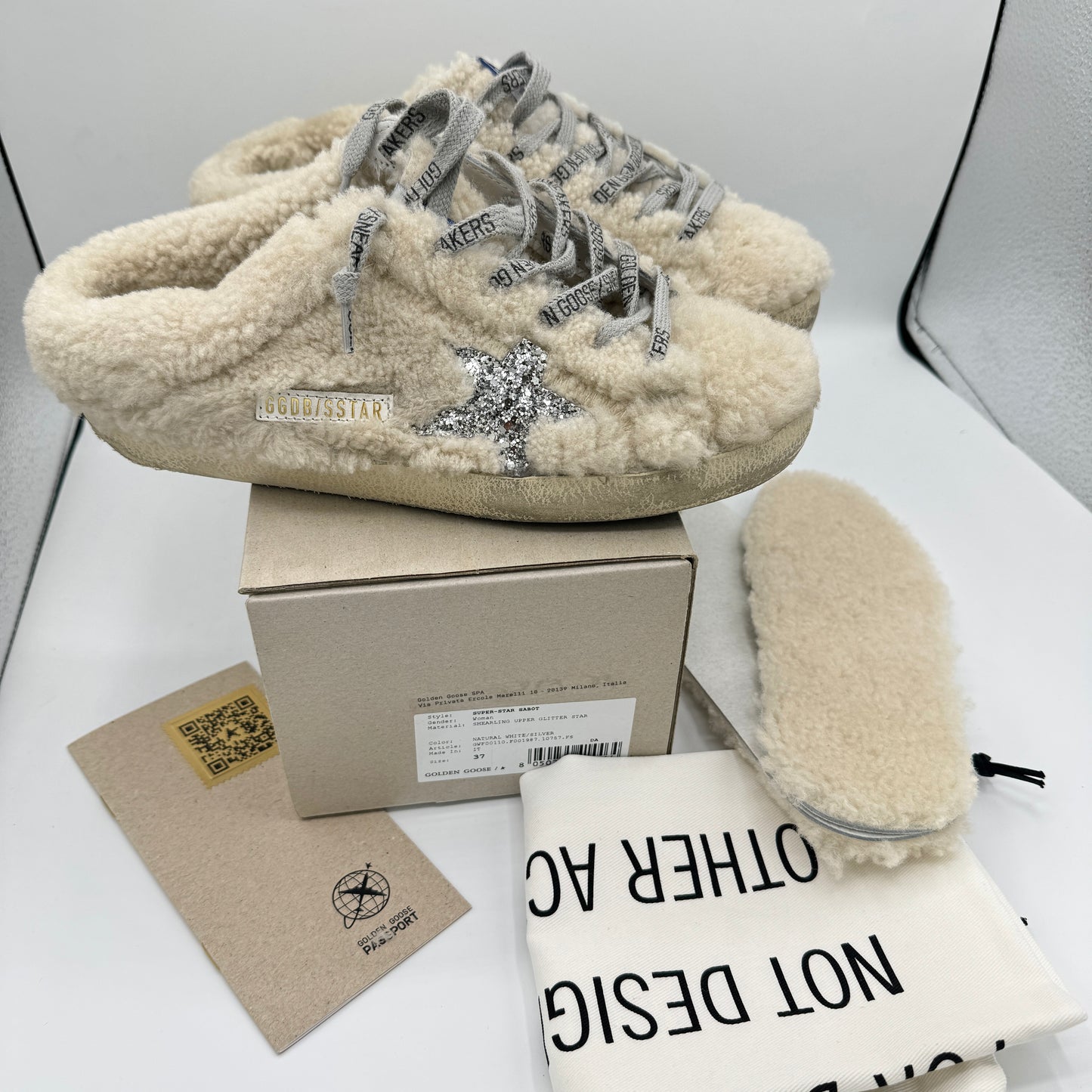 Golden Goose Superstar Sabot Shearling Glitter Sneaker Mule Natural / Silver