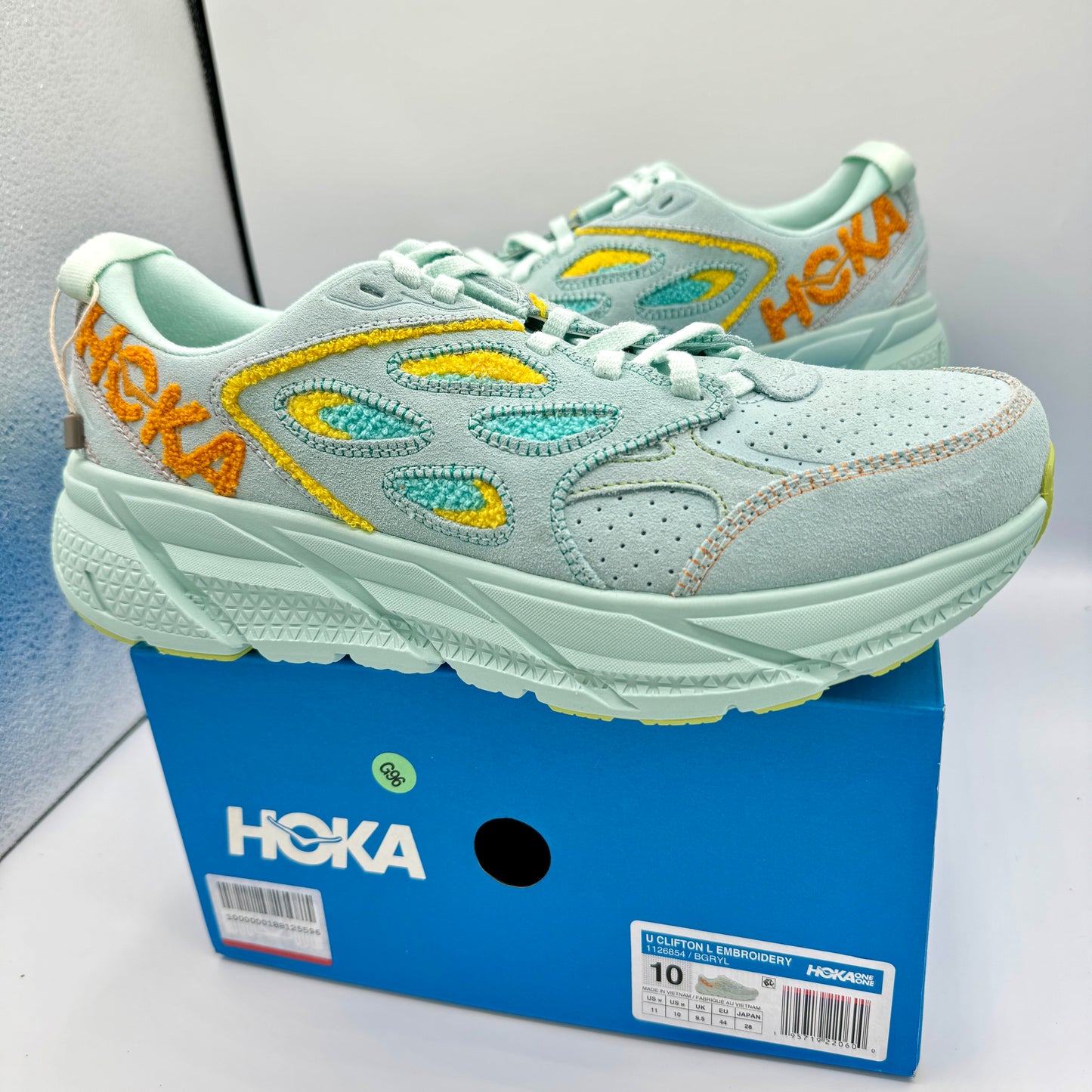 Hoka Clifton L Embroidery UNISEX Shoes Leather blue glass yellow aqua