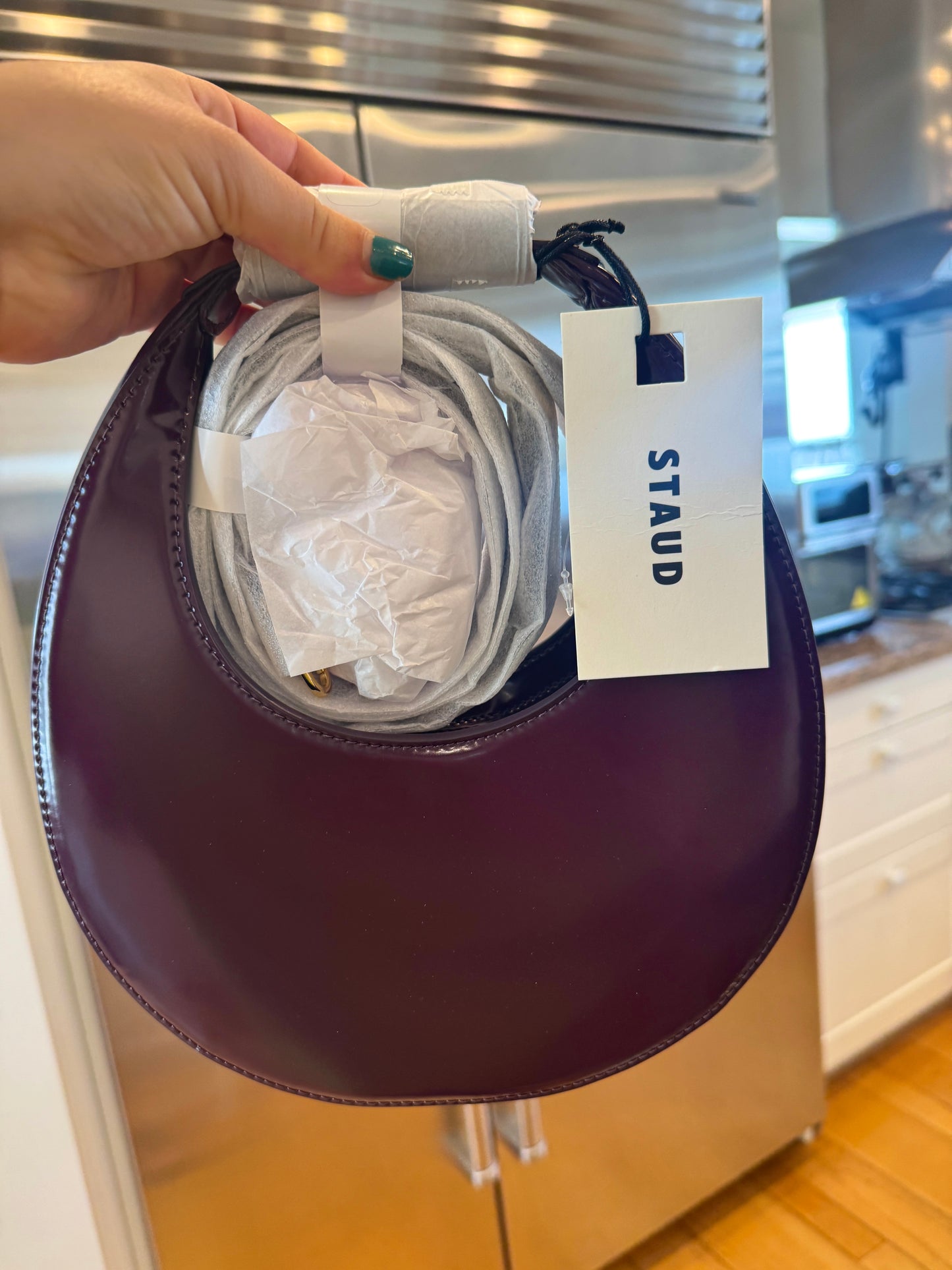 Staud Mini Moon Purse in Syrah Burgundy Leather, Crossbody Bag
