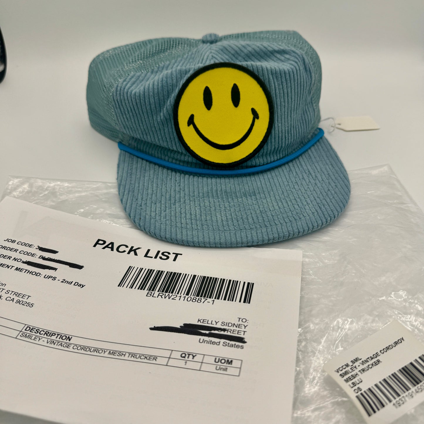 Aviator Nation Corduroy Trucker Hat Smiley Patch Embroidery Smile Light Blue