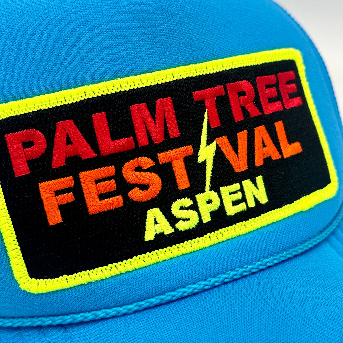 Aviator Nation Palm Tree Festival Aspen Trucker Hat in Neon Blue